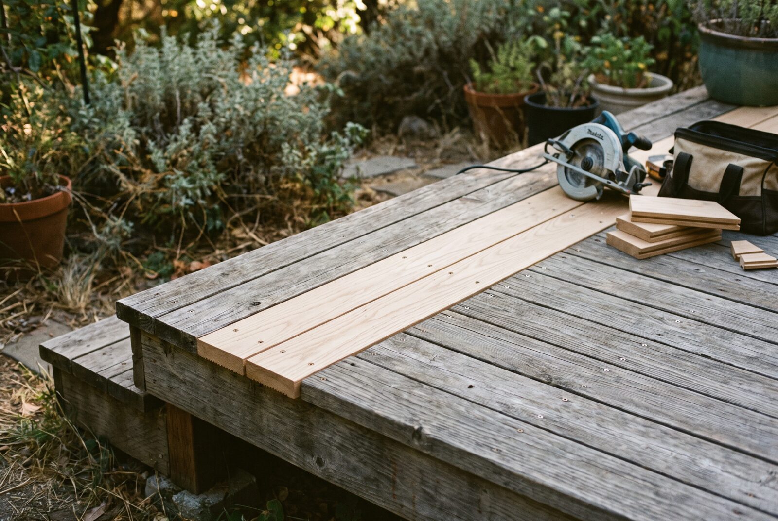 A repaired timber deck with fresh replacement boards screwed down in a straight line