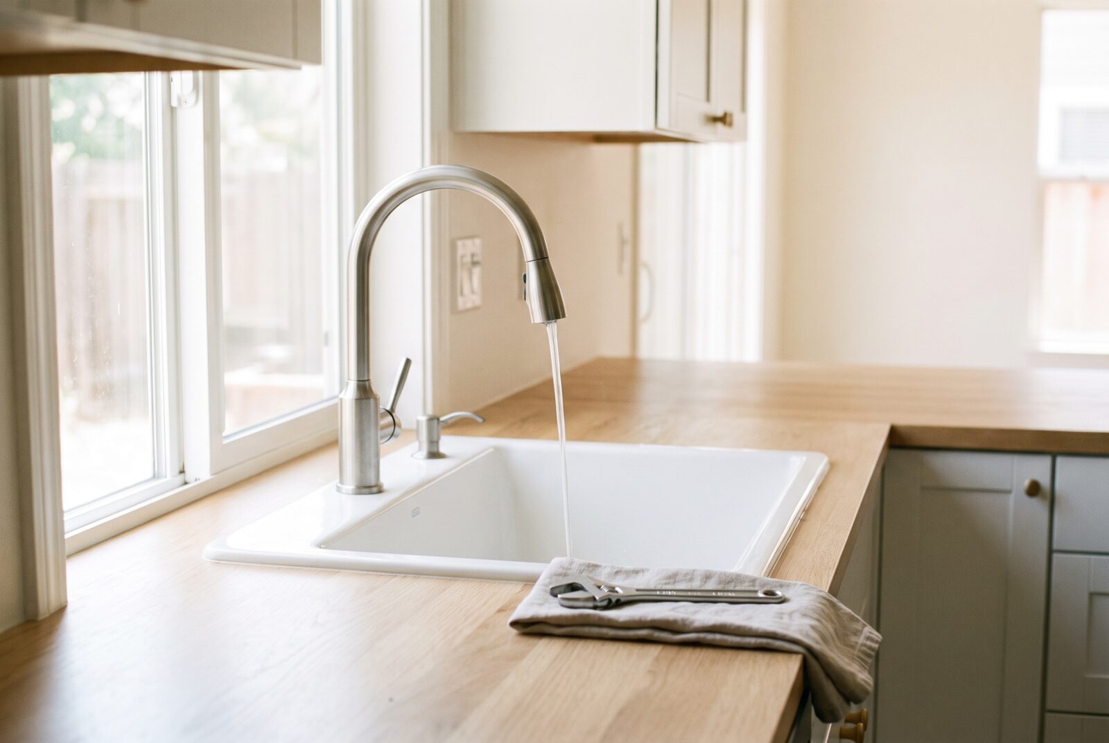 A newly installed chrome kitchen faucet running over a clean sink