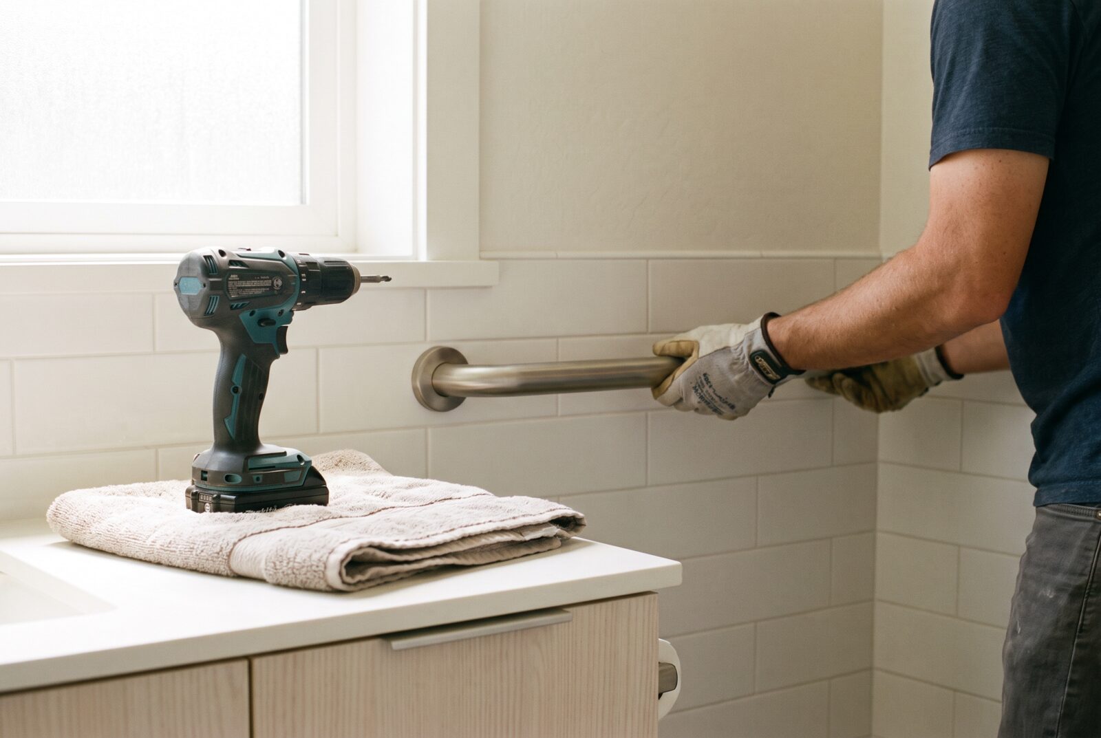 A brushed nickel grab bar being fitted to a tiled bathroom wall
