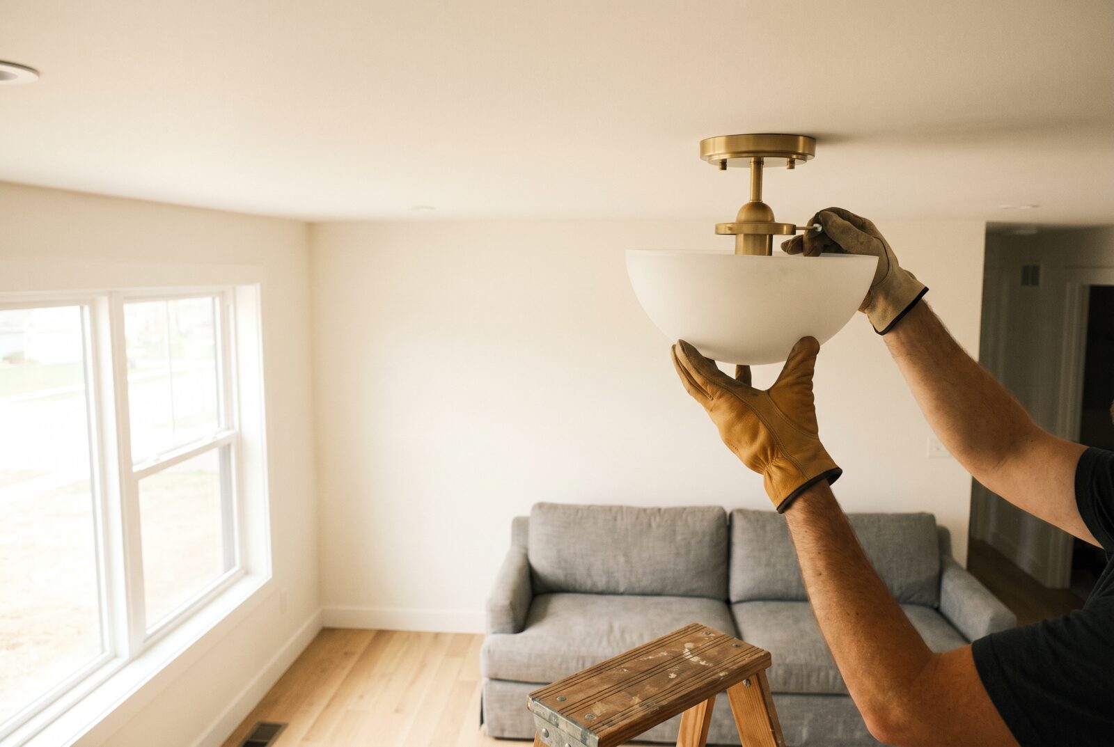 Hands fitting a glass shade to a newly installed ceiling light