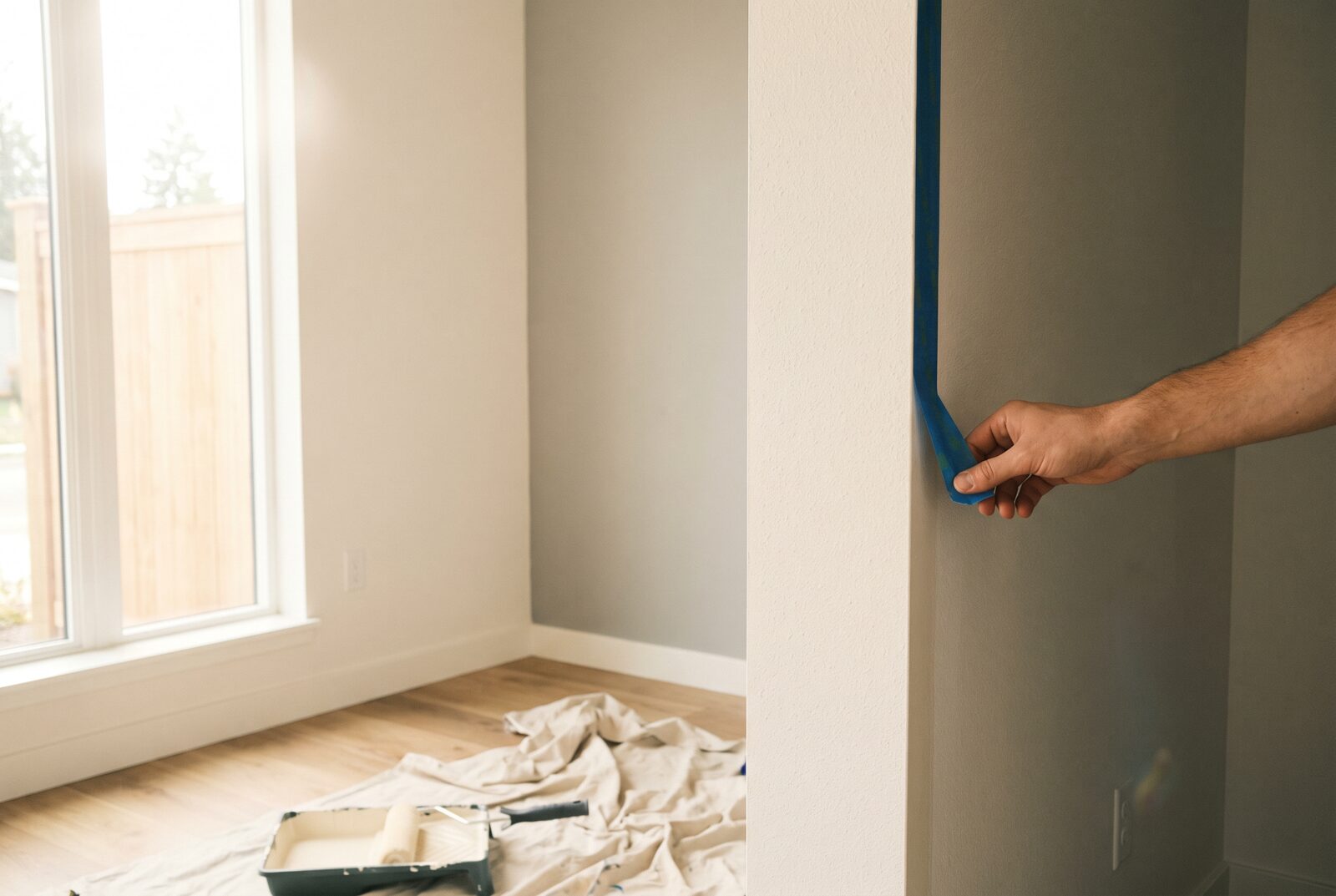 A freshly patched and repainted interior wall with a crisp clean edge