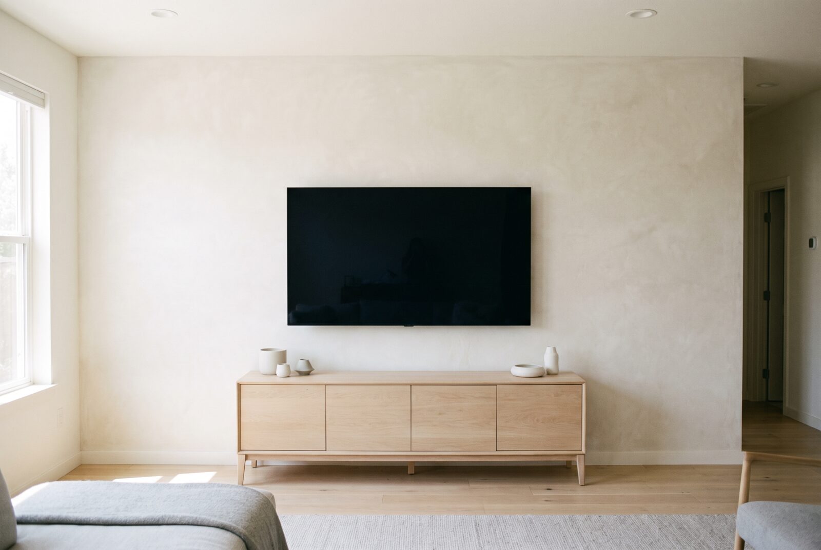 A television neatly wall mounted and perfectly level above an oak sideboard